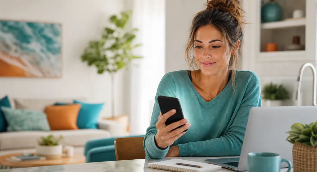 Woman using telehealth from home